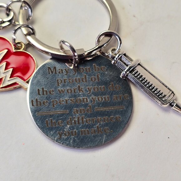 Nurse Keychain Gift Silver Tone Heart EKG Syringe Charm Inspirational Quote - Picture 2 of 4